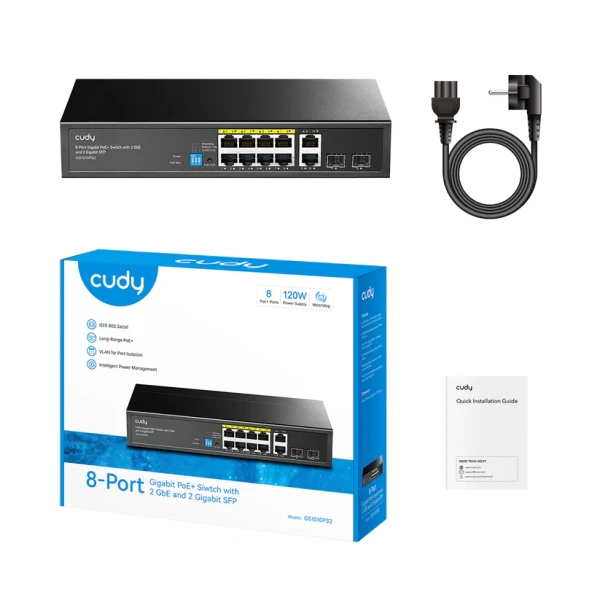 CUDY Svič 10/100/1000 10-port Cudy GS1010PS2/8 PoE+/2x Uplink/2x SFP/120W
