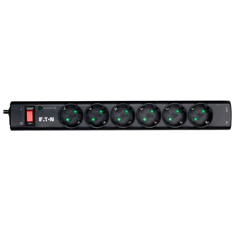 Eaton Protection Strip 6 DIN, 10A, 2500W; Input: Schuko, Outputs: (6) Schuko; Power Cord Lenght 1m; Over voltage protection; On/Off switch; LED indication; 2yr warranty