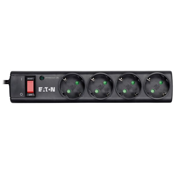 Eaton Protection Strip 4 DIN, 10A, Input: Schuko, Outputs: (4) Schuko; Power Cord Lenght 1m; Over voltage protection; On/Off switch; LED indication; 2yr warranty