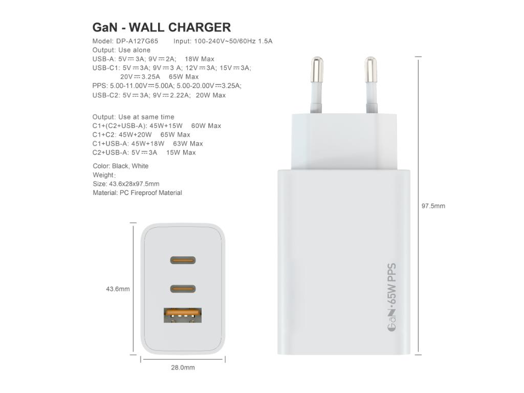 Zidni punjac FULMOVA GAN PD/65W/bela sa USB-C kablom