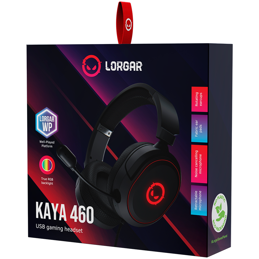 LORGAR Kaya 460, USB Gaming headset with microphone, CM108B, RGB backlight, Plug&Play, USB-A connection cable 2m, fabric ear pads, size: 192*184.7*88mm, 0.329kg, black