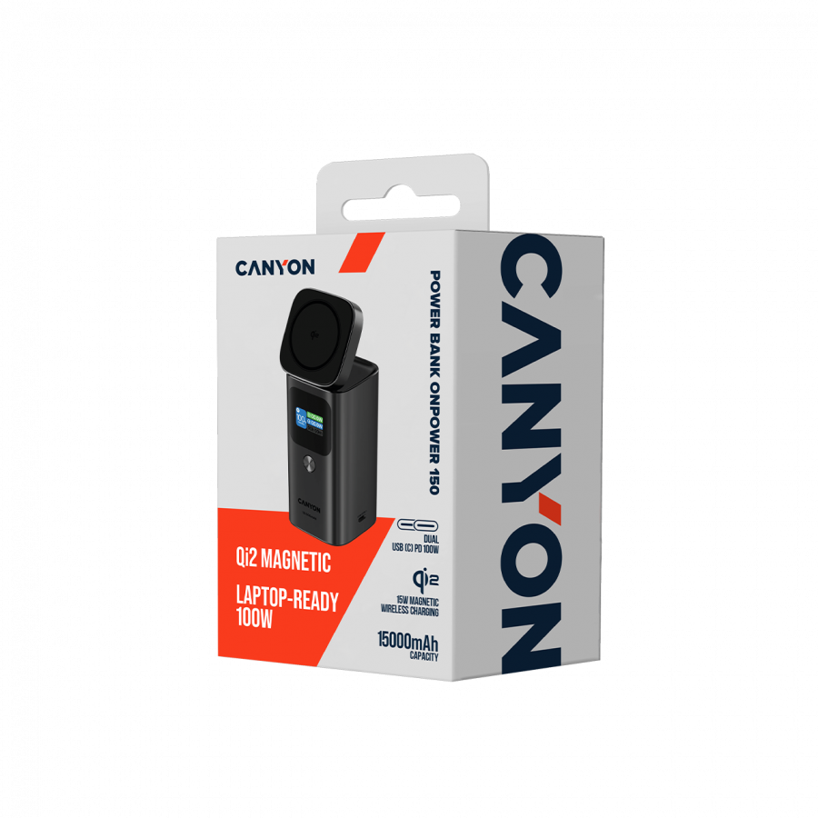CANYON Qi2 magnetic power bank OnPower 150 15000mAh Aluminium Dark grey