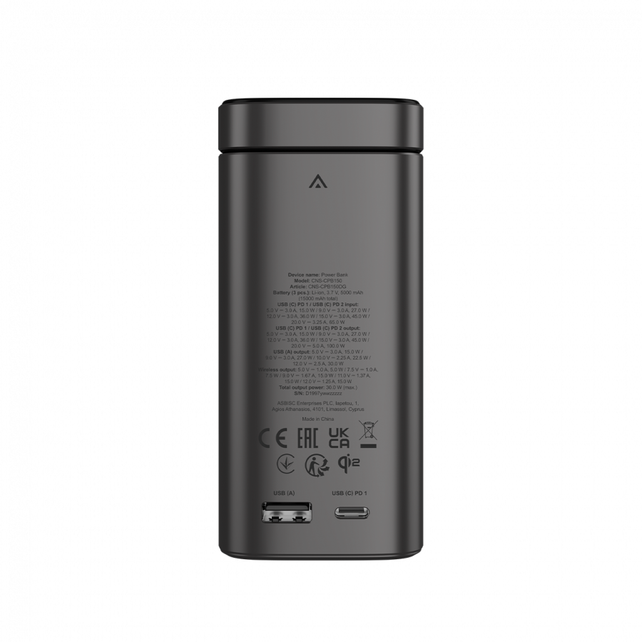 CANYON Qi2 magnetic power bank OnPower 150 15000mAh Aluminium Dark grey