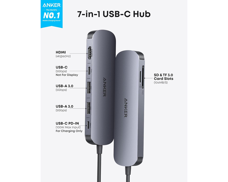 ANKER Nano USB-C Hub 7u1, sivi
