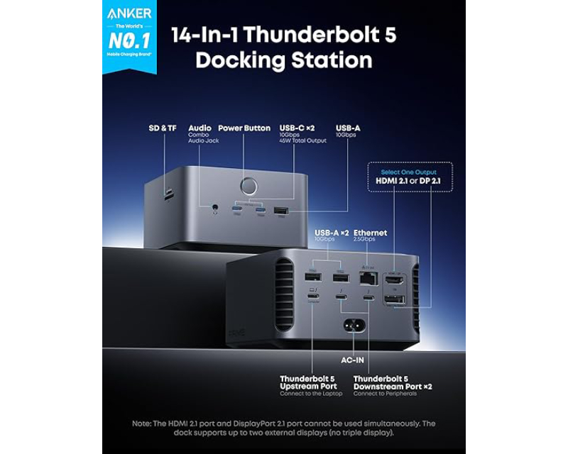 ANKER Prime Thunderbolt 5 Docking Stanica 140W, 14u1, siva