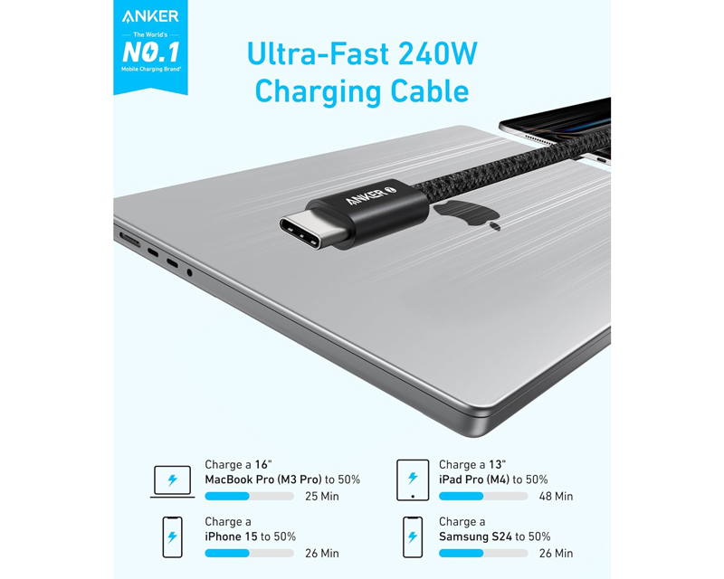 ANKER Zolo USB tip-C kabl M/M 1m,  super brzo punjenje 240W, pleteni, crni