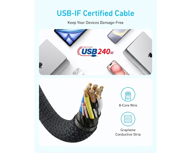 ANKER Zolo USB tip-C kabl M/M 1m,  super brzo punjenje 240W, pleteni, crni