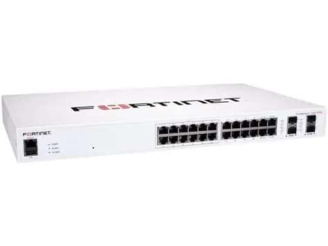 FortiSwitch-124F Layer 2 FortiGate switch controller compatible switch with 24x 1G RJ45 and 4x 10G/1G SFP+/SFP ports and 1x RJ45 console port.