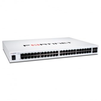 FortiSwitch-148F Layer 2 FortiGate switch controller compatible switch with 48x 1G RJ45 and 4x 10G/1G SFP+/SFP ports and 1x RJ45 console port.