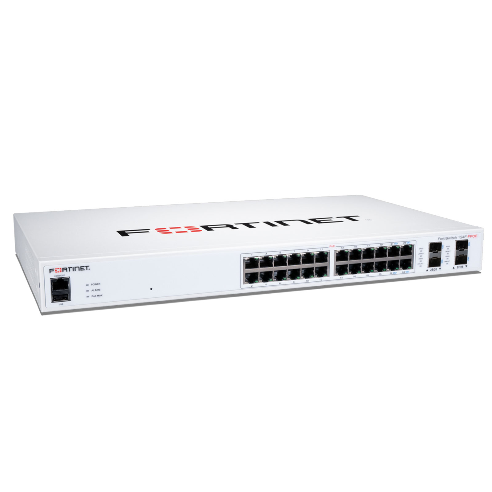 FortiSwitch-124F-FPOE Layer 2 FortiGate switch controller compatible PoE+ switch with 24x 1G RJ45 with PoE+ and 4x 10G/1G SFP+/SFP ports and 1x RJ45 console port.