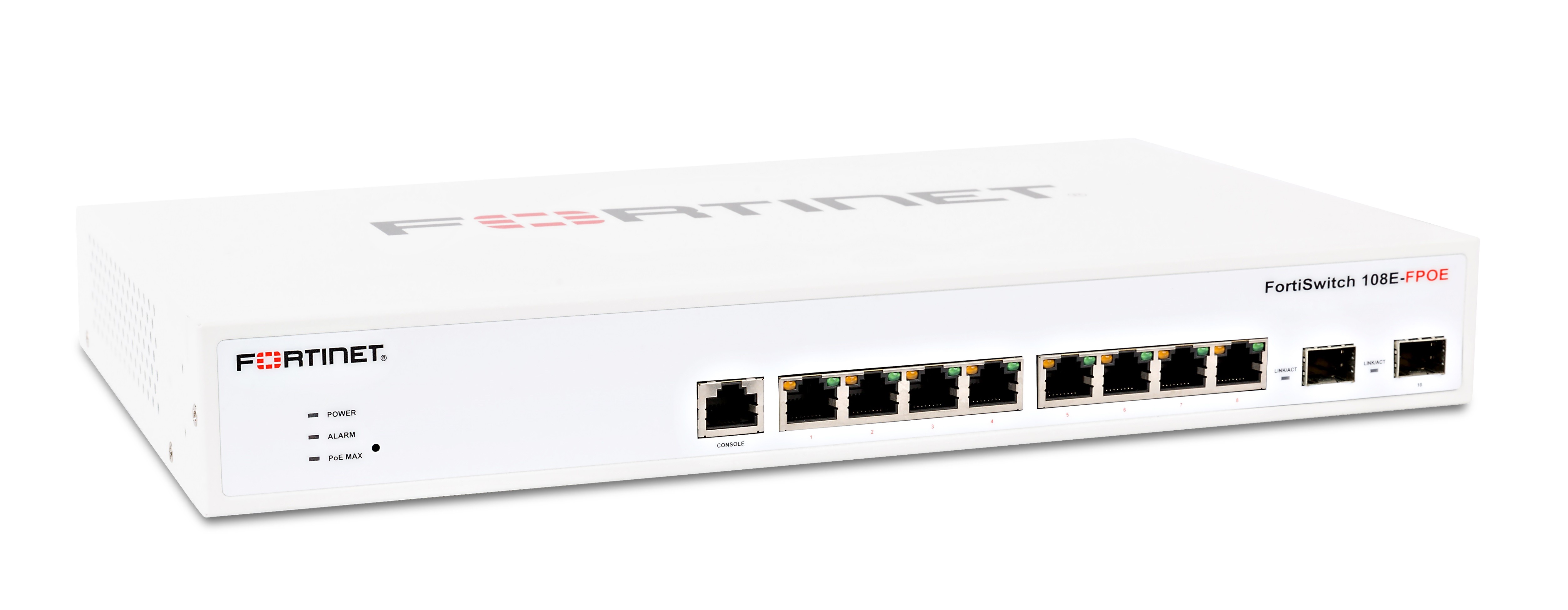 FortiSwitch-108F L2 Switch - 8 x GE RJ45 ports, 2 x GE SFP, Fanless, 12V/3A power adapter of input voltage 100 - 240VAC