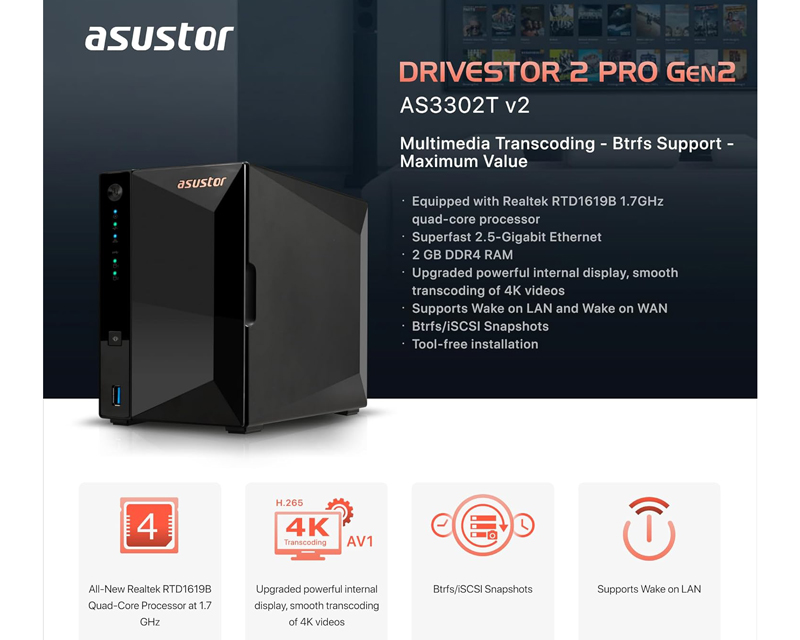 ASUSTOR NAS Storage Server DRIVESTOR 2 Pro AS3302T v2