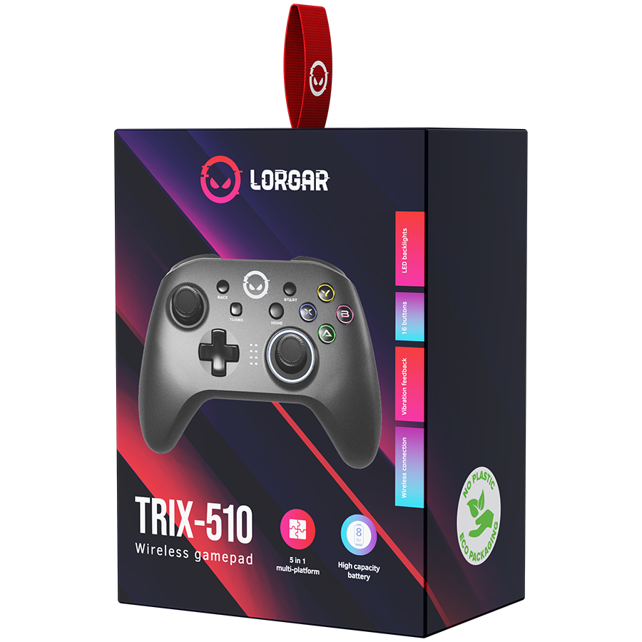 LORGAR TRIX-510, Gaming controller, Black, BT5.0 Controller with built-in 600mah battery, 1M Type-C charging cable ,6 axis motion sensor support nintendo switch ,android,PC, IOS13, PS3, normal size dongle,black