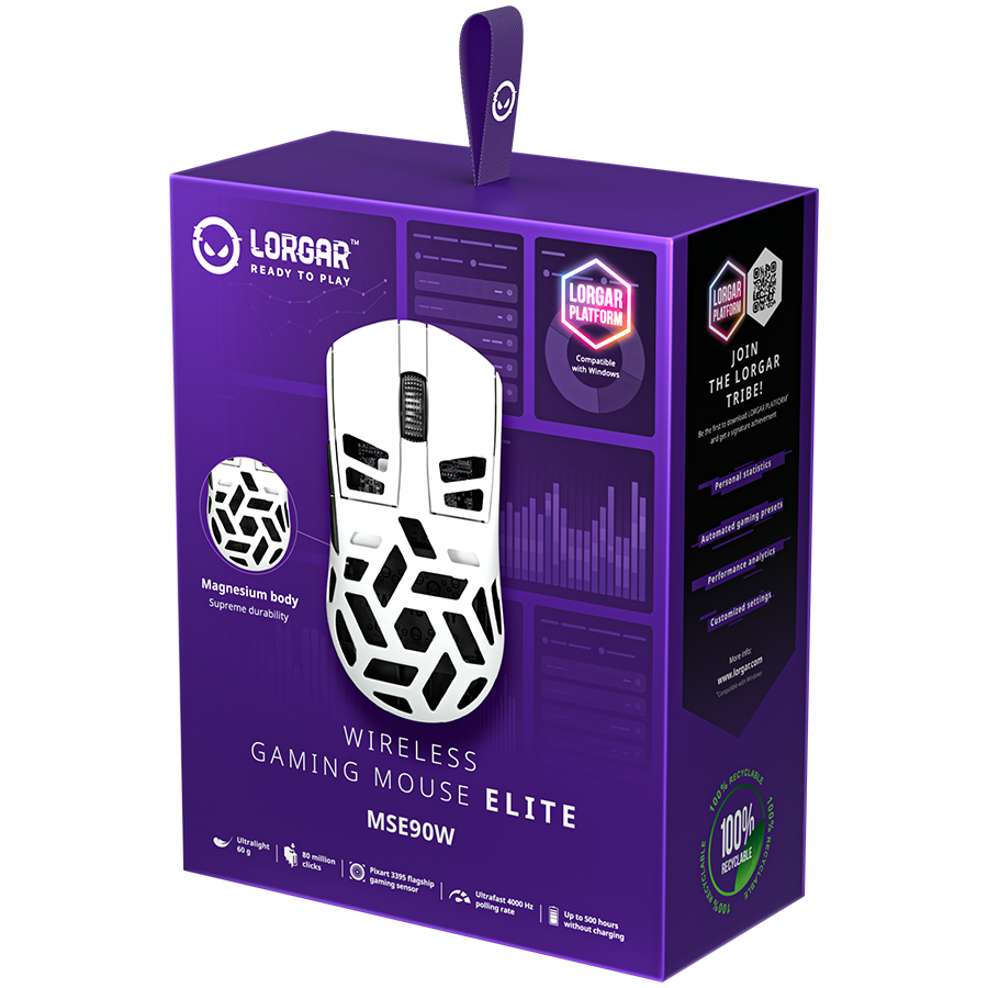 LORGAR MSE90W, Magnesium Alloy Wireless Gaming Mouse Elite, White