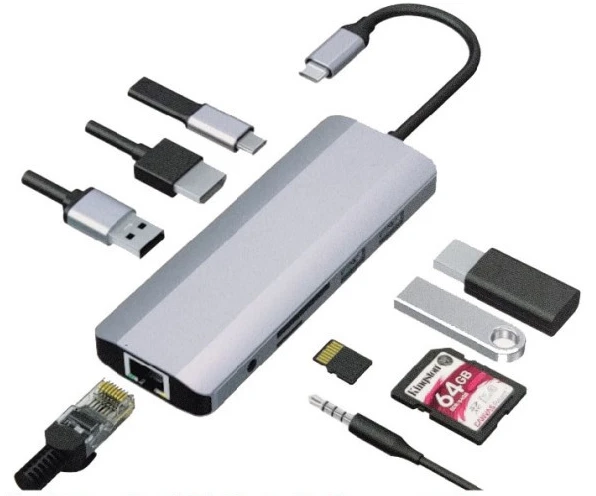 Gembird A-CM-COMBO9-06 USB-C 9-in-1 multi-port RJ45+USB3.0+SD+USB-C+HDMI+USB2.0