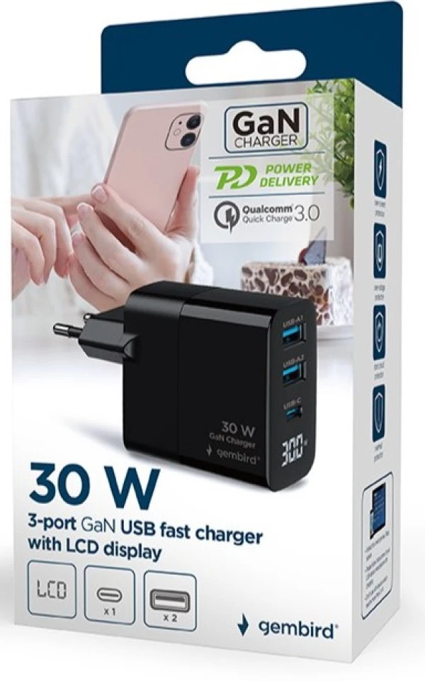 Razno TA-UC-PDQC30LCD-BK-02 Gembird GaN USB brzi punjac, 30W 3-port (2xUSB-A+ USB-C)