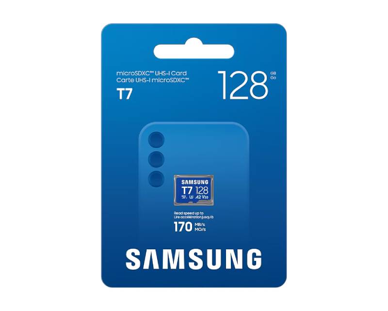 SAMSUNG MicroSD 128GB, T7, SDXC, UHS-I U3 V30 A2, Read up to 170MB/s, Write up to 130MB/s,  for 4K and FullHD video recording