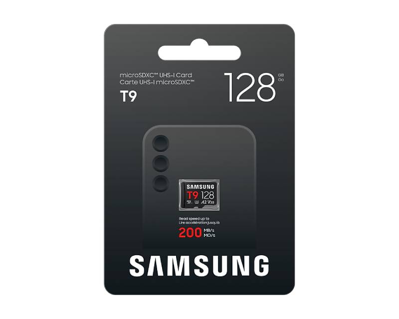 SAMSUNG MicroSD 128GB, T9, SDXC, UHS-I U3 V30 A2, Read up to 200MB/s, Write up to 130MB/s,  for 4K and FullHD video recording