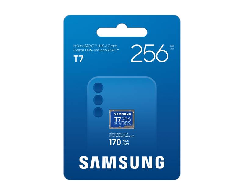 SAMSUNG MicroSD 256GB, T7, SDXC, UHS-I U3 V30 A2, Read up to 170MB/s, Write up to 130MB/s,  for 4K and FullHD video recording