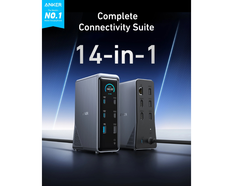 ANKER Prime Docking Stanica 160W, 14u1, Dual Display, siva
