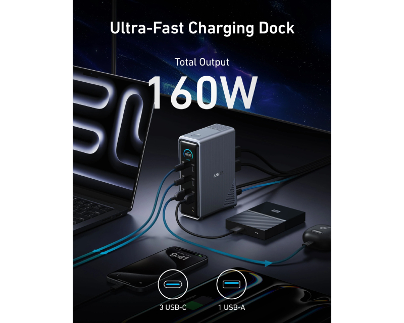 ANKER Prime Docking Stanica 160W, 14u1, Dual Display, siva