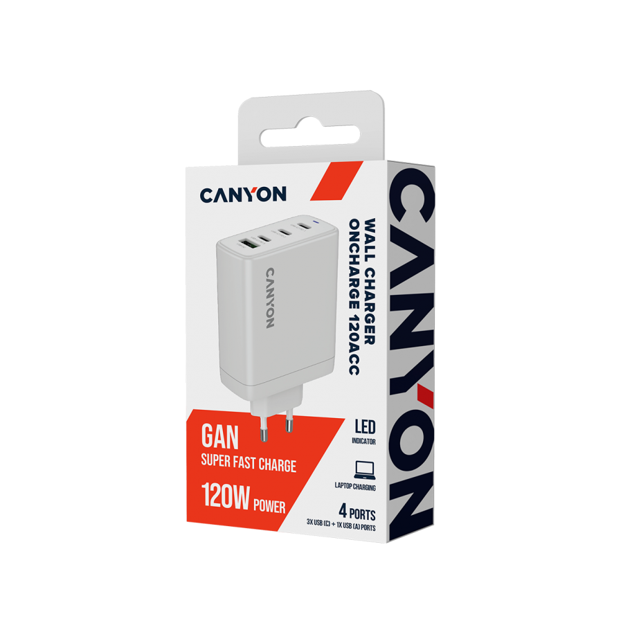 CANYON charger OnCharge 120 GAN Total 120W MAX 3 USB-C +1 USB-A White EU plug