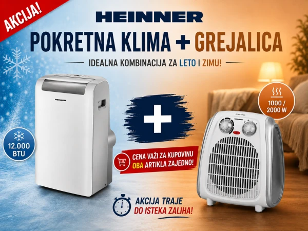 Sezonski paket HEINNER HPAC-12WH 12000BTU + Grejalica HEINNER HFH-L2000SL