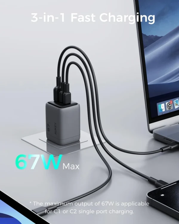 Aukey Kućni punjač AUKEY PA-C3 Fast  3-port 67W GaN