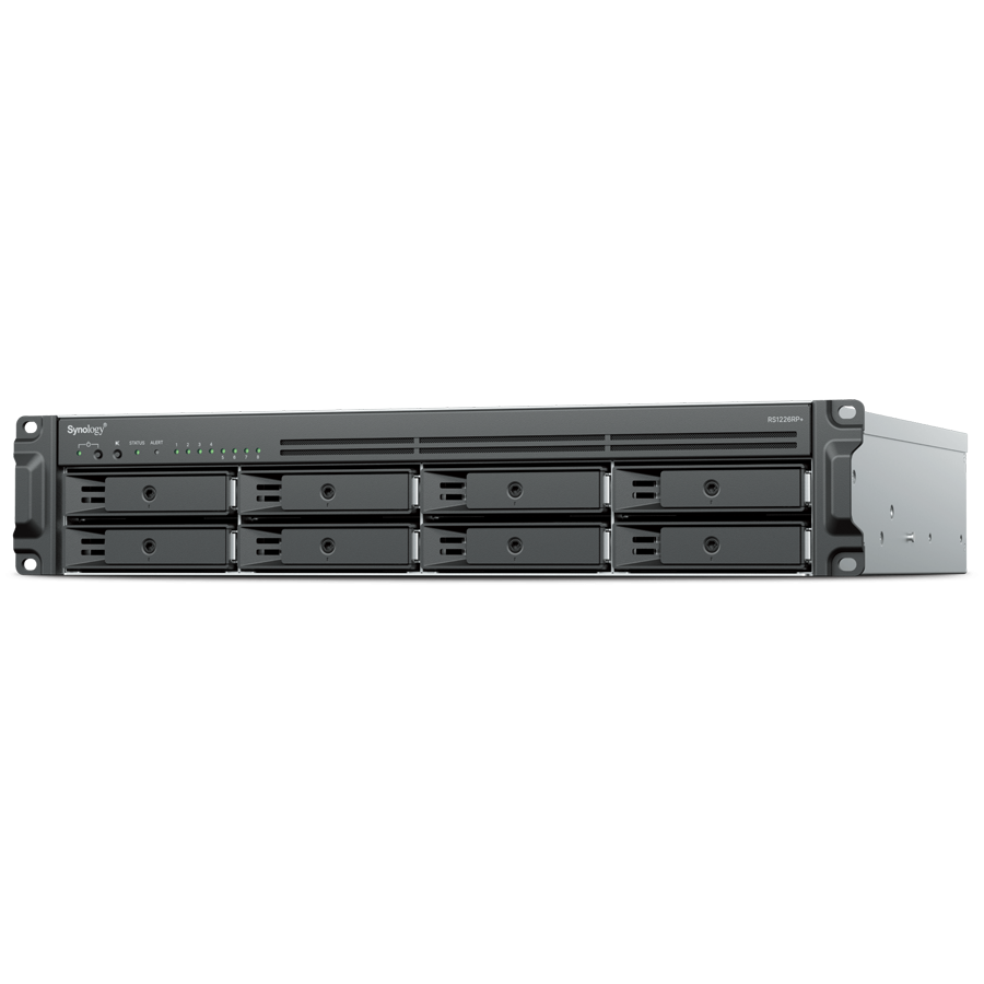 Synology RackStation RS1226PLUS, Rack2U 8 bay 3.5 and 2.5, SATA HDD SSD, AMD Ryzen V1500B 4 core 2.2GHz, 4 GB DDR4ECC SODIM, 2xMemory slots, 2xRJ45 2.5GbE LAN Port, 2xUSB 3.2Gen 1Port, PCIe 1xGen3 x8 slot, x4 link, 3YW