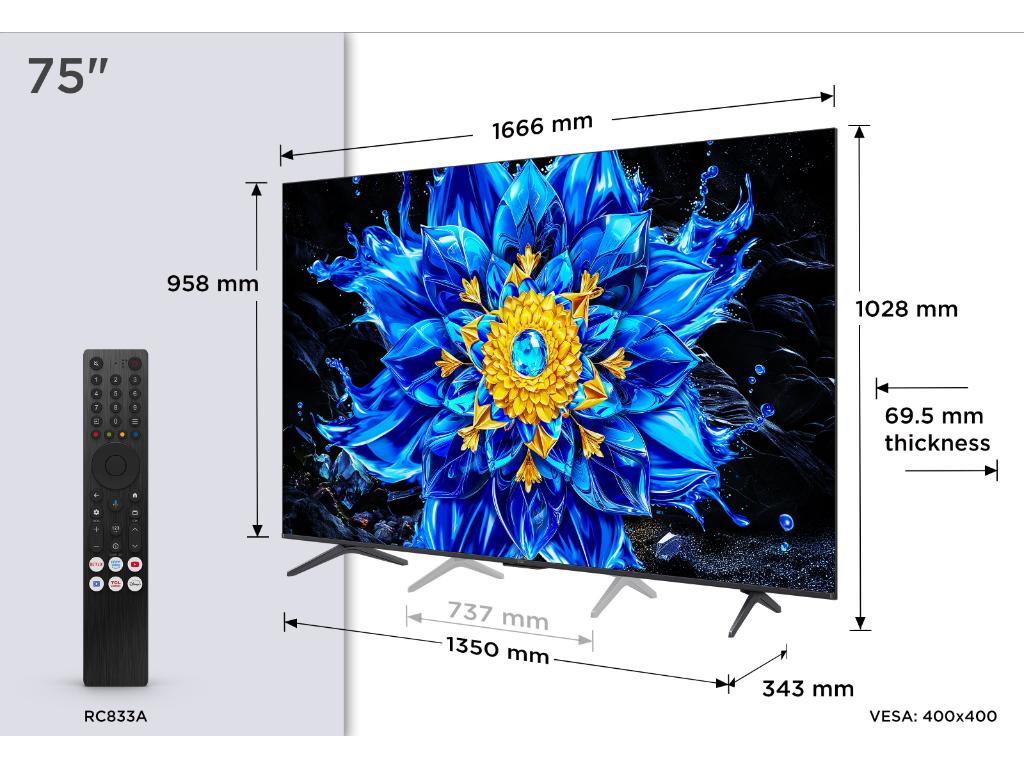 Televizor TCL 75P8L/QLED-Mini LED/75"/4K UHD/144Hz/Google TV/crna