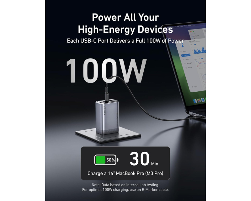 ANKER Prime 100W GaN zidni brzi punjač, 3-porta (2x USB-C i 1x USB-A) srebrni