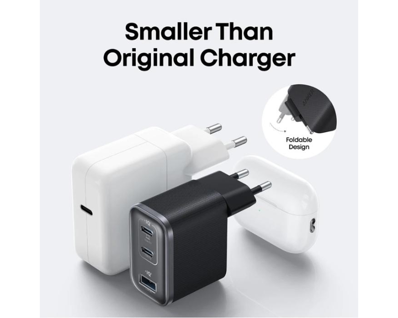 ANKER Nano 70W GaN zidni brzi punjač, 3-porta (2x USB-C i 1x USB-A) crni