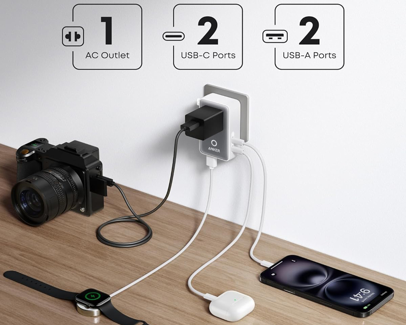 ANKER Nano 20W putni zidni punjač 5-portova (2x USB-A, 2x USB-C, utičnica EU na US, UK, AU i EU), beli