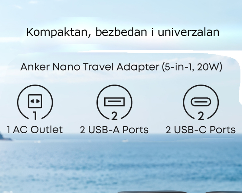 ANKER Nano 20W putni zidni punjač 5-portova (2x USB-A, 2x USB-C, utičnica EU na US, UK, AU i EU), beli