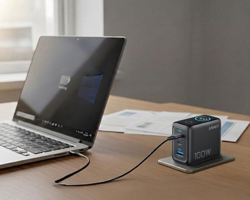 ANKER 100W GaN zidni brzi punjač, 3-porta (2x USB-C i 1x USB-A) sa USB-C M/M pletenim kablom, tamno sivi
