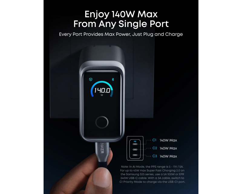 ANKER Prime 160W GaN zidni brzi punjač, 3-porta (3x USB-C) srebrni