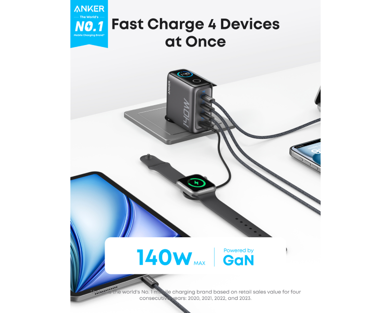 ANKER 140W GaN zidni brzi punjač, 4-porta (3x USB-C, 1x USB-A) sa USB-C M/M pletenim kablom, tamno sivi