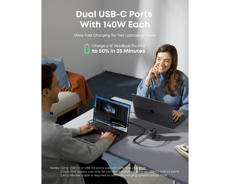 ANKER 140W GaN zidni brzi punjač, 4-porta (3x USB-C, 1x USB-A) sa USB-C M/M pletenim kablom, tamno sivi