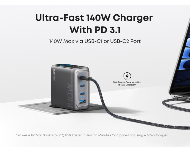 ANKER 140W GaN zidni brzi punjač, 4-porta (3x USB-C, 1x USB-A) sa USB-C M/M pletenim kablom, tamno sivi