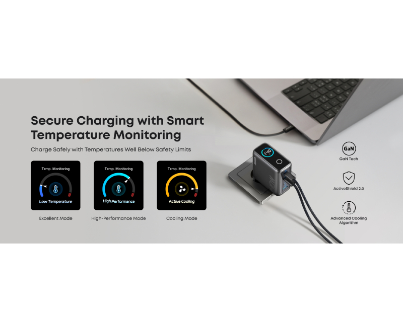 ANKER 140W GaN zidni brzi punjač, 4-porta (3x USB-C, 1x USB-A) sa USB-C M/M pletenim kablom, tamno sivi
