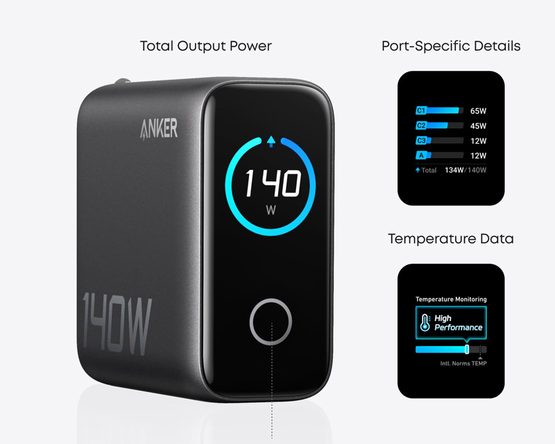 ANKER 140W GaN zidni brzi punjač, 4-porta (3x USB-C, 1x USB-A) sa USB-C M/M pletenim kablom, tamno sivi