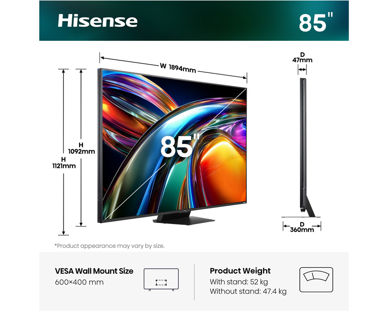 HISENSE Televizor 85UR9S, 85" ULED, RGB Mini LED, 4K UHD, Smart TV