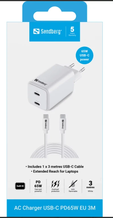 Sandberg 441-76 AC Charger USB-C PD65W EU 3M