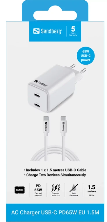 Sandberg 441-75 AC Charger USB-C PD65W EU 1.5M